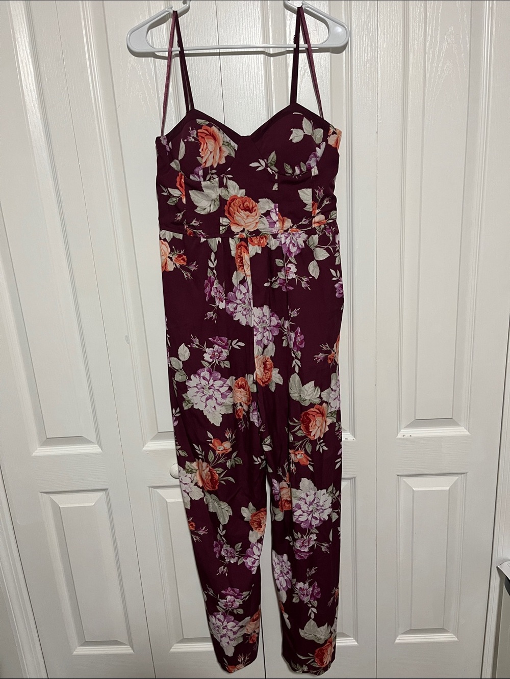 Floral Spaghetti-Strap Jumpsuit in Plum